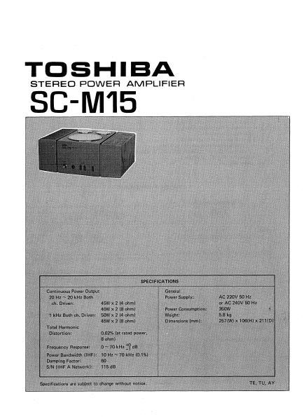 TOSHIBA SC-M15 STEREO POWER AMPLIFIER SERVICE MANUAL INC SCHEMATIC DIAGRAMS 10 PAGES ENG