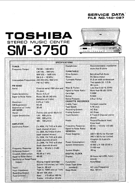 TOSHIBA SM-3750 STEREO MUSIC CENTRE SERVICE DATA INC SCHEMATIC DIAGRAMS 28 PAGES ENG