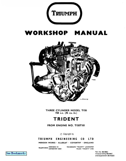 TRIUMPH 69-73 T150 TRIDENT MOTORCYCLE WORKSHOP MANUAL 249 PAGES ENG