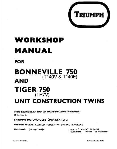 TRIUMPH BONNEVILLE 750 TIGER 750 MOTORCYCLE WORKSHOP MANUAL 217 PAGES ENG