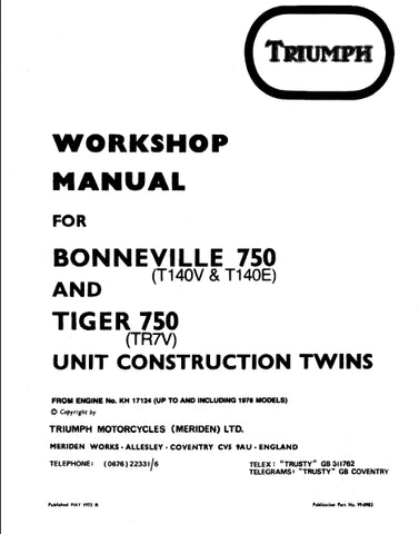 TRIUMPH BONNEVILLE 750 TIGER 750 MOTORCYCLE WORKSHOP MANUAL 217 PAGES ENG