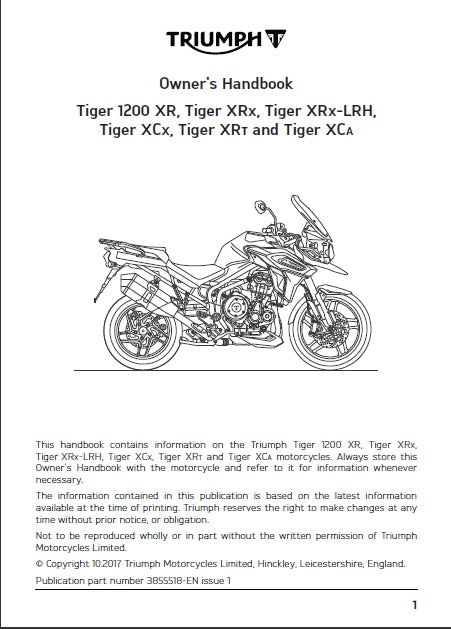 TRIUMPH TIGER 1200 XRx XRx-LRH XCx XRt XCa MOTORCYCLE OWNERS HANDBOOK 232 PAGES ENG