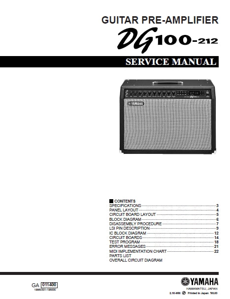 YAMAHA DG100-212 GUITAR PRE-AMPLIFIER SERVICE MANUAL INC SCHEM DIAGS 42 PAGES ENG