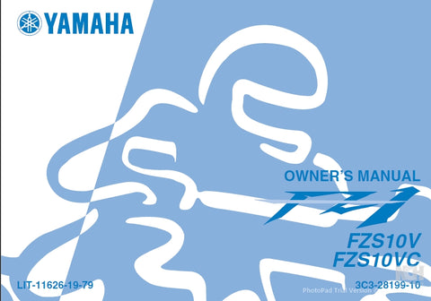 YAMAHA FZS10V FZS10VC MOTORCYCLE OWNER'S MANUAL 104 PAGES ENGLISH