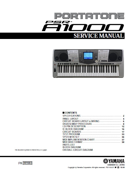 YAMAHA PSR-A1000 PORTATONE KEYBOARD SERVICE MANUAL INC SCHEM DIAGS 76 PAGES ENG