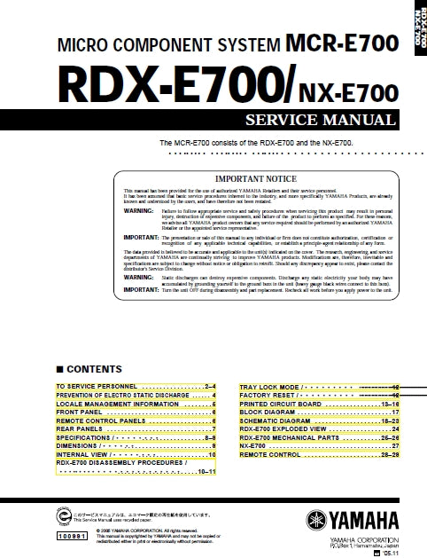 YAMAHA RDX-E700 MCR-E700 NX-E700 MICRO COMPONENT SYSTEM SERVICE MANUAL INC SCHEM DIAGS 30 PAGES ENG