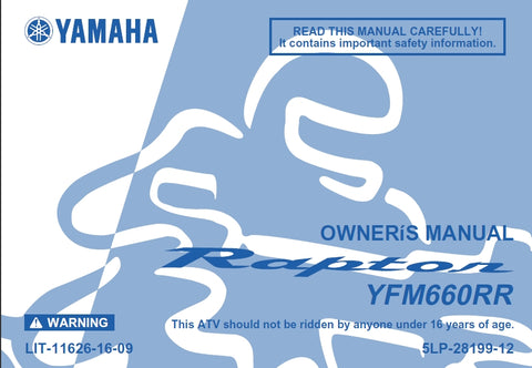YAMAHA YFM660RR RAPTOR ALL TERRAIN VEHICLE OWNERS MANUAL 186 PAGES ENGLISH