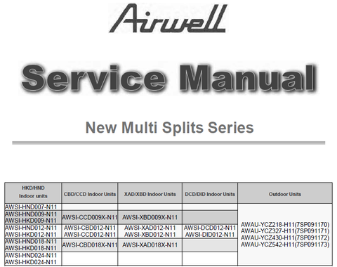 AIRWELL AWAU-YCZ218-H11 NEW MULTI SPLITS SERIES AIR CONDITIONERS SERVICE MANUAL INC CIRCUIT DIAGS TRSHOOT GUIDE AND PARTS LIST 151 PAGES ENG