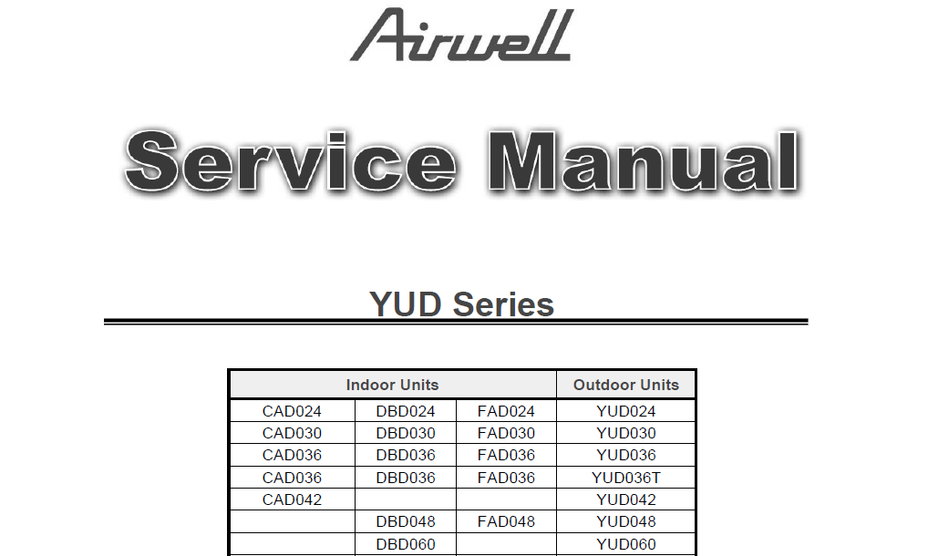 AIRWELL CAD024 YUD SERIES AIR CONDITIONERS SERVICE MANUAL INC WIRING DIAGS TRSHOOT GUIDE AND PARTS LIST 107 PAGES ENG
