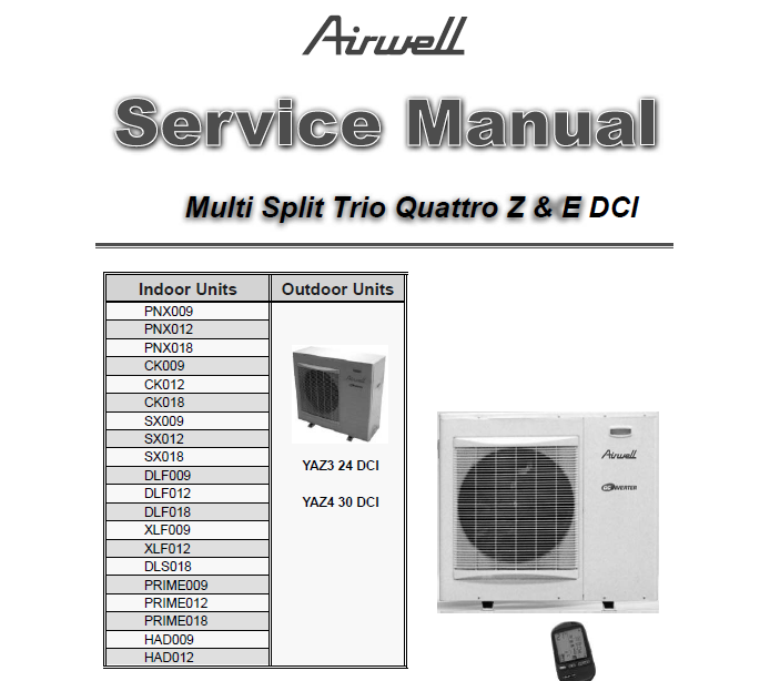 AIRWELL DLF018 YAZ3 24 DCI YAZ4 30 DCI MULTI SPLIT TRIO QUATTRO Z AND E DCI AIR CONDITIONERS SERVICE MANUAL INC WIRING DIAGS TRSHOOT GUIDE AND PARTS LIST 103 PAGES ENG