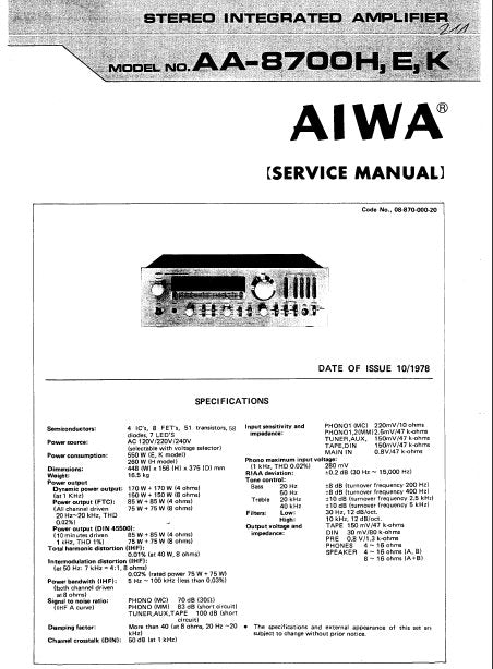 AIWA AA-8700H, E, K, STEREO INTEGRATED AMPLIFIER SERVICE MANUAL INC LEVEL DIAG PCBS SCHEM DIAGS AND PARTS LIST 20 PAGES ENG