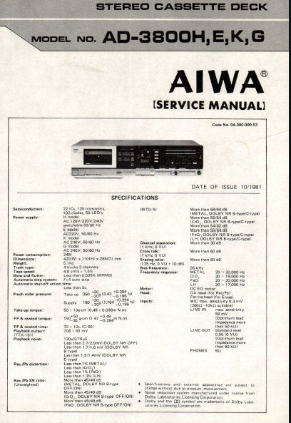 AIWA AD-3800H,E,K,G STEREO CASSETTE DECK SERVICE MANUAL INC PCBS SCHEM DIAGS AND PARTS LIST 32 PAGES ENG