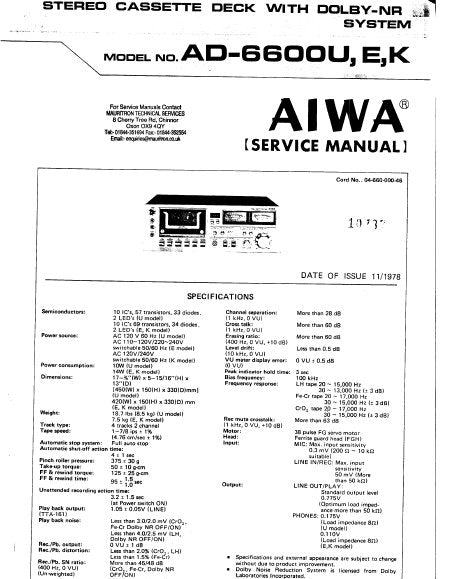 AIWA AD-6600U, E, K STEREO CASSETTE DECK SERVICE MANUAL INC PCBS LEVEL DIAGS SCHEM DIAGS AND PARTS LIST 38 PAGES ENG