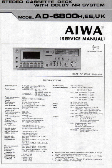 AIWA AD-6800H, EE, UK STEREO CASSETTE DECK SERVICE MANUAL INC PCBS LEVEL DIAGS SCHEM DIAGS AND PARTS LIST 24 PAGES ENG