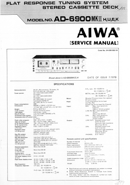 AIWA AD-6900MKII H,U,E,K STEREO CASSETTE DECK SERVICE MANUAL INC LEVEL DIAGS PCBS SCHEM DIAGS AND PARTS LIST 28 PAGES ENG