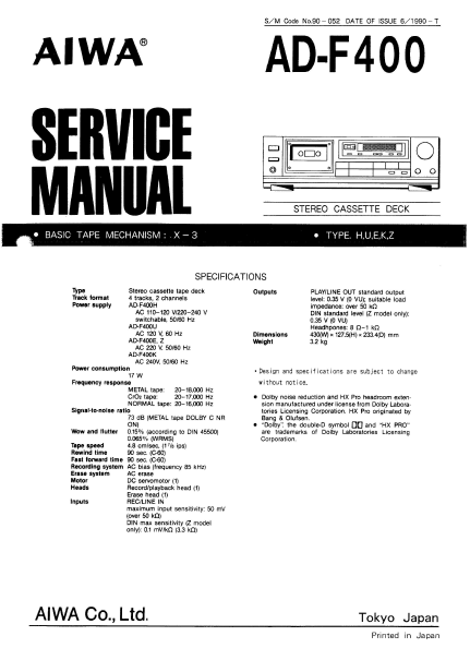 AIWA AD-F400 STEREO CASSETTE DECK SERVICE MANUAL INC BLK DIAG PCBS SCHEM DIAGS AND PARTS LIST 14 PAGES ENG