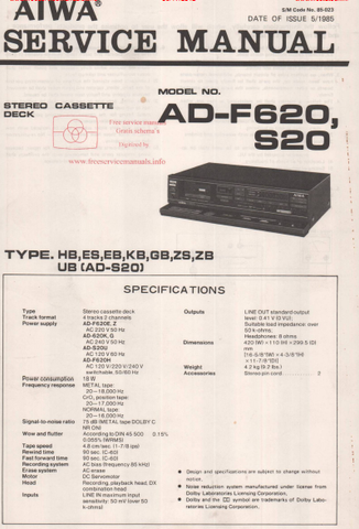 AIWA AD-F620 S20 STEREO CASSETTE DECK SERVICE MANUAL INC PCBS SCHEM DIAG AND PARTS LIST 14 PAGES ENG