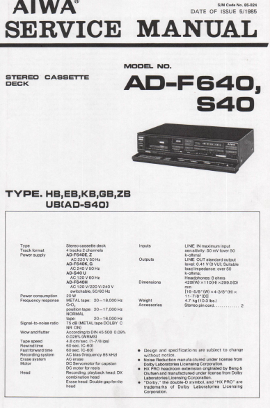 AIWA AD-F640 S40 STEREO CASSETTE DECK SERVICE MANUAL INC PCBS SCHEM DIAG AND PARTS LIST 16 PAGES ENG