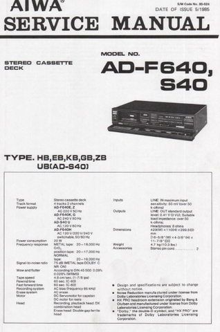 AIWA AD-F640 S40 STEREO CASSETTE DECK SERVICE MANUAL INC PCBS SCHEM DIAG AND PARTS LIST 16 PAGES ENG