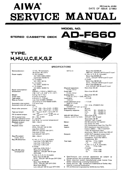 AIWA AD-F660 STEREO CASSETTE DECK SERVICE MANUAL INC PCBS SCHEM DIAG AND PARTS LIST 20 PAGES ENG