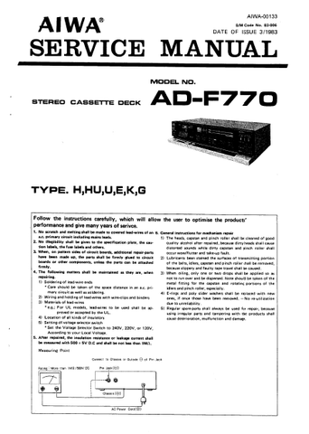 AIWA AD-F770 STEREO CASSETTE DECK SERVICE MANUAL INC PCBS SCHEM DIAGS AND PARTS LIST 31 PAGES ENG