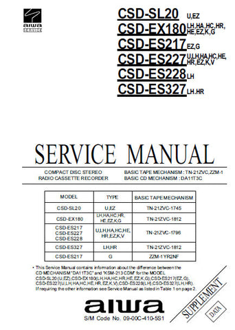AIWA CSD-SL20 CSD-EX180 CSD-ES217 CSD-ES227 CSD-ES228 CSD-ES327 CD STEREO RADIO CASSETTE RECORDER SERVICE MANUAL INC PCBS SCHEM DIAGS AND PARTS LIST 17 PAGES ENG