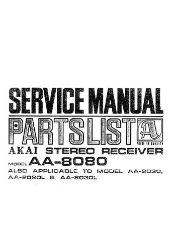 AKAI AA-8030 AA-8030L AA-8080 AA-8080L STEREO RECEIVER SERVICE MANUAL INC PCBS SCHEM DIAGS AND PARTS LIST 77 PAGES ENG