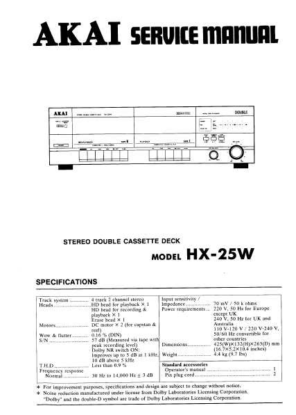 AKAI HX-25W STEREO DOUBLE CASSETTE DECK SERVICE MANUAL INC BLK DIAG PCBS WIRING DIAG SCHEM DIAG AND PARTS LIST 21 PAGES ENG