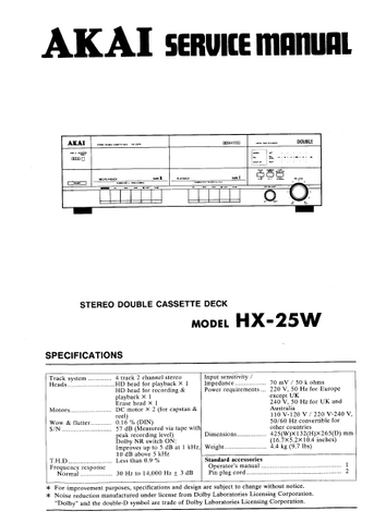 AKAI HX-25W STEREO DOUBLE CASSETTE DECK SERVICE MANUAL INC BLK DIAG PCBS WIRING DIAG SCHEM DIAG AND PARTS LIST 21 PAGES ENG