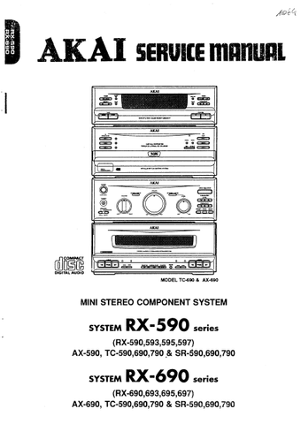 AKAI RX-590 SERIES RX-690 SERIES MINI STEREO COMPONENT SYSTEM SERVICE MANUAL INC BLK DIAG PCBS SCHEM DIAGS AND PARTS LIST 102 PAGES ENG