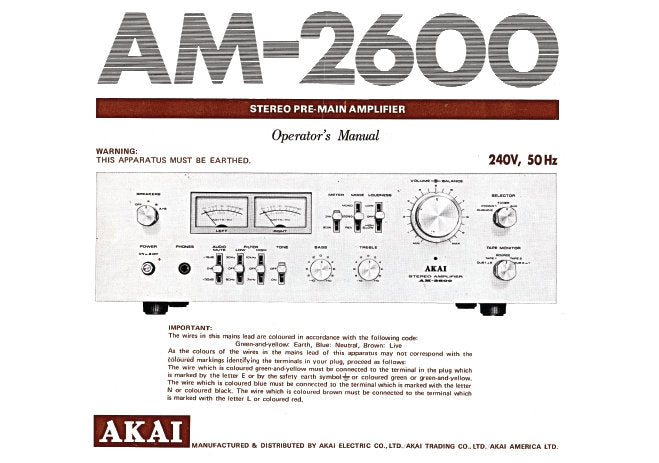 AKAI AM-2600 STEREO PRE MAIN AMP OPERATOR'S MANUAL INC CONN DIAG 6 PAGES ENG