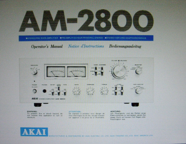 AKAI AM-2800 STEREO PRE MAIN INTEGRATED AMP OPERATOR'S MANUAL INC CONN DIAG 10 PAGES ENG FRANC DEUT