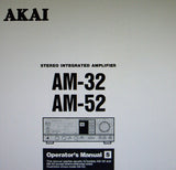 AKAI AM-32 AM-52 STEREO INTEGRATED AMP OPERATOR'S MANUAL INC CONN DIAGS AND TRSHOOT GUIDE 12 PAGES ENG