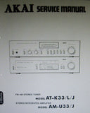 AKAI AM-U33 AM-U33J STEREO INTEGRATED AMP AT-K33 AT-K33L AT-K33J FM AM STEREO TUNER SERVICE MANUAL INC BLK DIAGS SCHEMS PCBS AND PARTS LIST 76 PAGES ENG