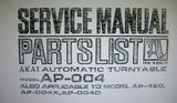 AKAI AP-004 AP-004D AP-004X AP-420 2 SPEED BELT DRIVE FULLY AUTOMATIC TURNTABLE SERVICE MANUAL INC BLK DIAGS TRSHOOT GUIDE PCBS AND PARTS LIST 40 PAGES ENG