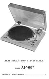 AKAI AP-007 DIRECT DRIVE FULLY AUTOMATIC TURNTABLE SERVICE MANUAL INC PCB'S SCHEM DIAGS AND PARTS LIST 18 PAGES ENG