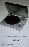AKAI AP-007 DIRECT DRIVE FULLY AUTOMATIC TURNTABLE SERVICE MANUAL INC SCHEMS AND PCBS 18 PAGES ENG