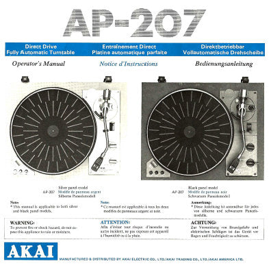 AKAI AP-207 DIRECT DRIVE FULLY AUTOMATIC TURNTABLE OPERATOR'S MANUAL INC CONN DIAG 13 PAGES ENG FRANC DEUT