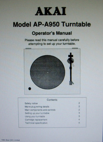 AKAI AP-A950 BELT DRIVE TURNTABLE SYSTEM OPERATOR'S MANUAL 4 PAGES ENG