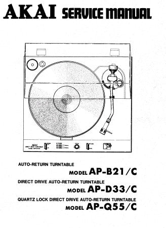 AKAI AP-B21 AP-B21C AUTO RETURN TURNTABLE AP-D33 AP-D33C DIRECT DRIVE AUTO RETURN TURNTABLE AP-Q55 AP-Q55C QUARTZ LOCK DIRECT DRIVE AUTO RETURN TURNTABLE SERVICE MANUAL INC PCB'S SCHEM DIAGS AND PARTS LIST 61 PAGES ENG