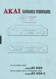 AKAI AT-V04 AT-V04L FM AM STEREO DIGITAL SYNTHESIZER TUNER AT-K03 FM AM STEREO TUNER SERVICE MANUAL INC PCB'S SCHEM DIAGS AND PARTS LIST 66 PAGES ENG