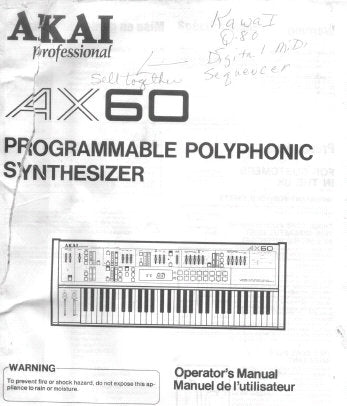 AKAI AX60 PROGRAMMABLE POLYPHONIC SYNTHESIZER OPERATOR'S MANUAL 31 PAGES ENG FRANC