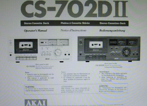 AKAI CS-702DII STEREO CASSETTE TAPE DECK OPERATOR'S MANUAL INC CONN DIAG AND TRSHOOT GUIDE 13 PAGES ENG FRANC DEUT