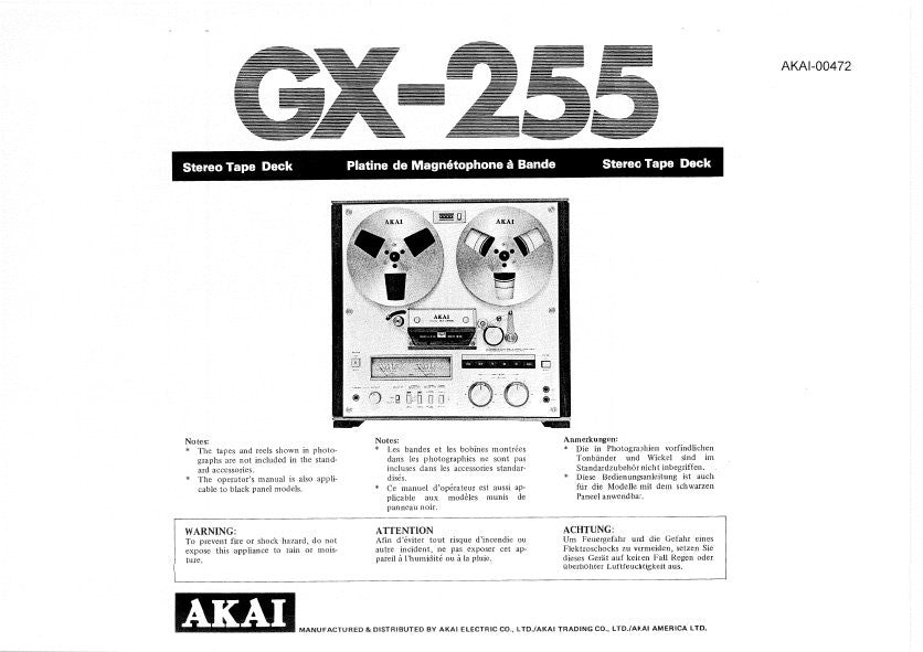 AKAI GX-255 REEL TO REEL STEREO TAPE DECK OPERATOR'S MANUAL INC CONN DIAG AND TRSHOOT GUIDE 18 PAGES ENG FRANC DEUT