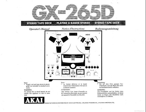 AKAI GX-265D STEREO TAPE DECK OPERATOR'S MANUAL INC CONN DIAG 16 PAGES ENG FRANC DEUT