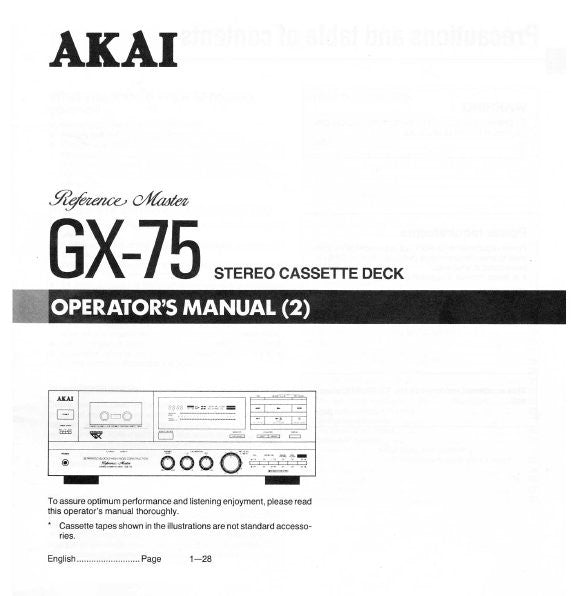 AKAI GX-75 STEREO CASSETTE TAPE DECK OPERATOR'S MANUAL INC CONN DIAGS AND TRSHOOT GUIDE 28 PAGES ENG