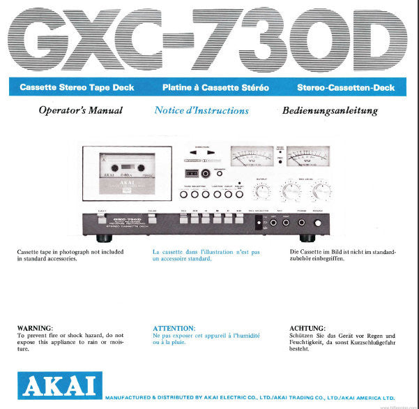 AKAI GXC-730D STEREO CASSETTE TAPE DECK OPERATOR'S MANUAL INC CONN DIAGS 14 PAGES ENG FRANC DEUT