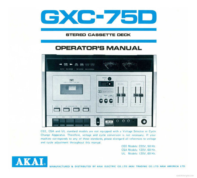 AKAI GXC-75D STEREO CASSETTE TAPE DECK OPERATOR'S MANUAL INC CONN DIAGS AND TRSHOOT GUIDE 7 PAGES ENG