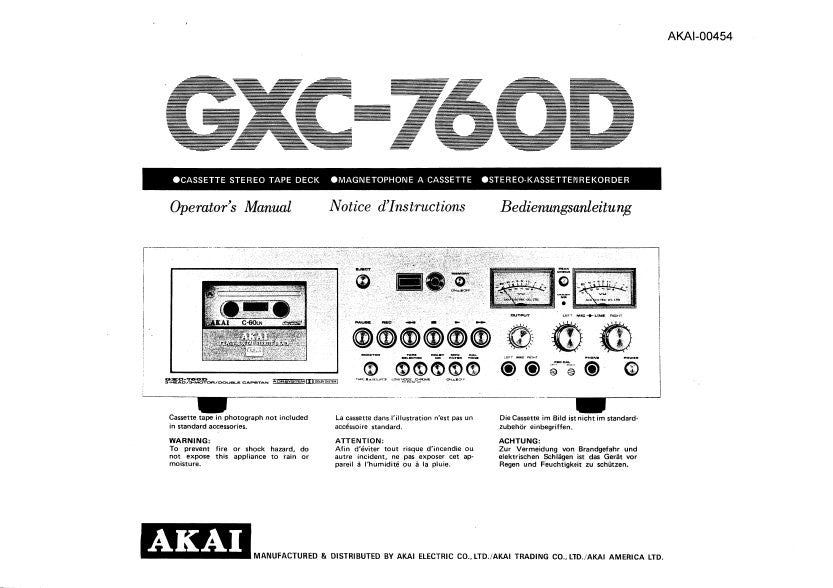 AKAI GXC-760D CASSETTE STEREO TAPE DECK OPERATOR'S MANUAL INC CONN DIAGS AND TRSHOOT GUIDE 14 PAGES ENG FRANC DEUT