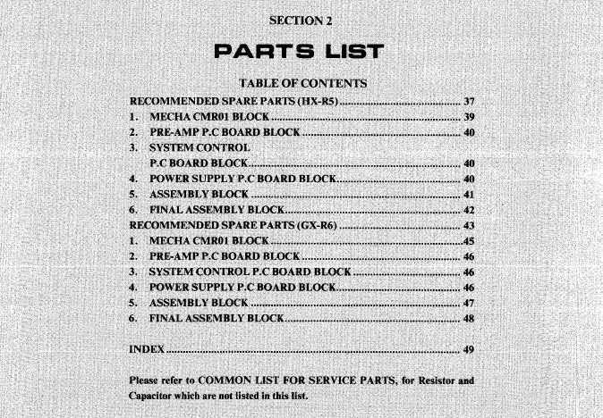 AKAI HX-R5 GX-R6 STEREO CASSETTE TAPE DECK PARTS LIST 18 PAGES ENG